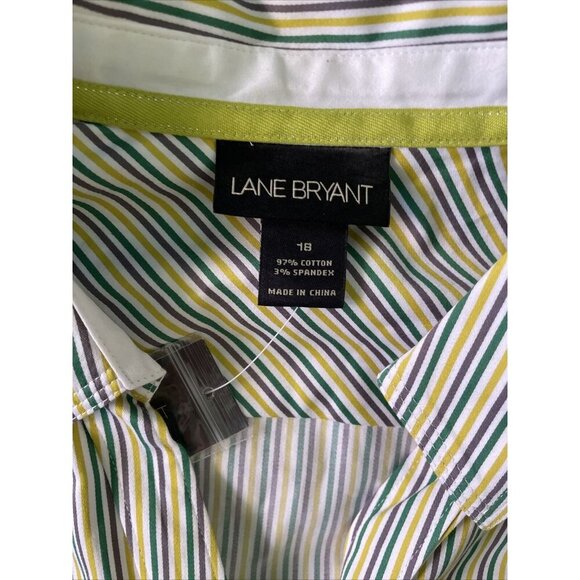 Lane Bryant Womens Button-Up Collared Striped Shirt 18 Green/Yellow/White Long S - Picture 4 of 12
